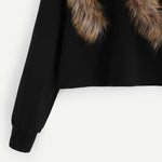 SHEIN Faux Fur Fox Patch Sweatshirt Pullover Women Black Long Sleeve Round Neck Casual Fall 2017 Women Sweatshirt