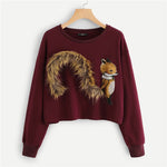 SHEIN Burgundy Faux Fur Fox Patch Sweatshirt Women Long Sleeve Round Neck Crop Pullovers Women Autumn Casual Sweatshirts