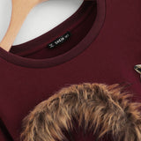 SHEIN Burgundy Faux Fur Fox Patch Sweatshirt Women Long Sleeve Round Neck Crop Pullovers Women Autumn Casual Sweatshirts