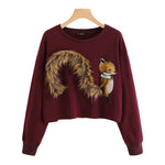 SHEIN Burgundy Faux Fur Fox Patch Sweatshirt Women Long Sleeve Round Neck Crop Pullovers Women Autumn Casual Sweatshirts